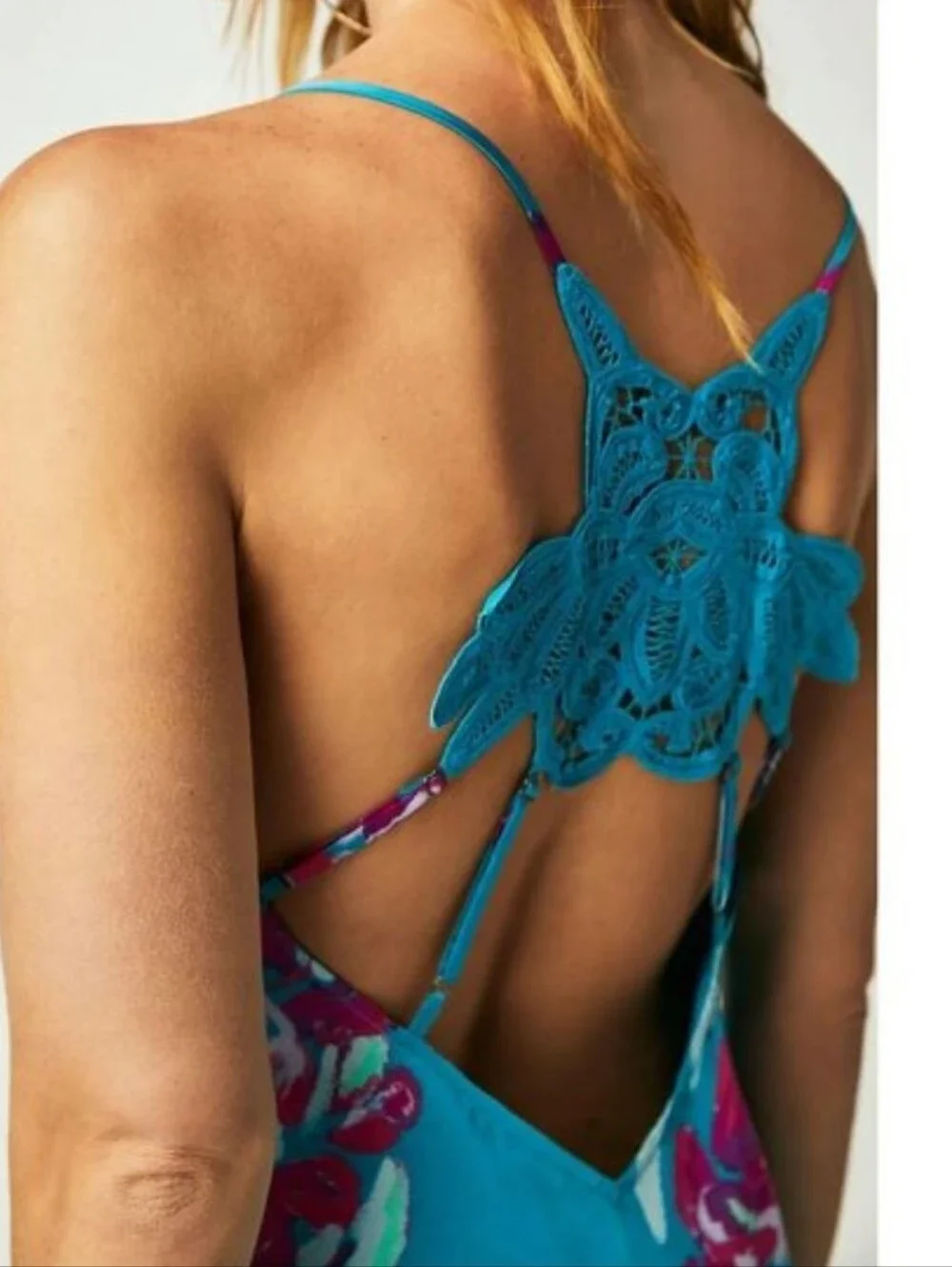 Free People Forever Yours Floral Maxi Dress with Lace Back In River Combo